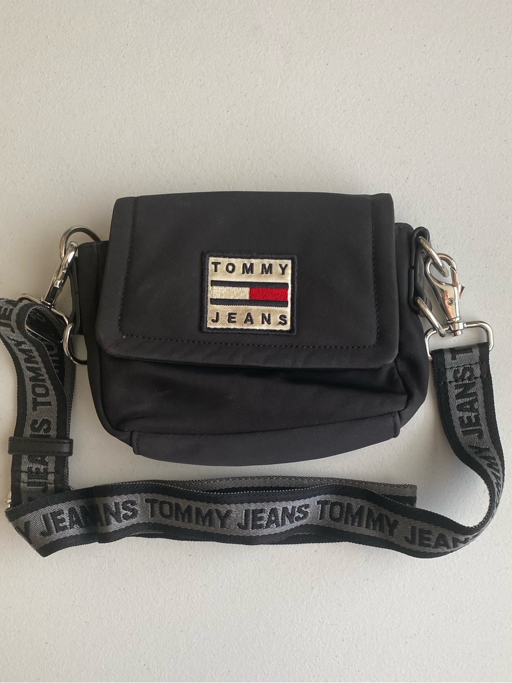 Tommy Hilfiger Black Nylon Crossbody with Logo Patch and Branded Strap 8inX5in